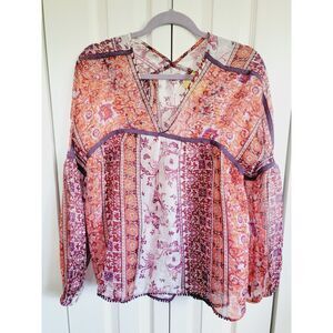 Maeve Anthropologie S 100% Silk Blouse Peasant Tunic Tiered Floral Top SemiSheer